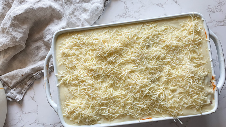 cheesy pastitsio in baking dish