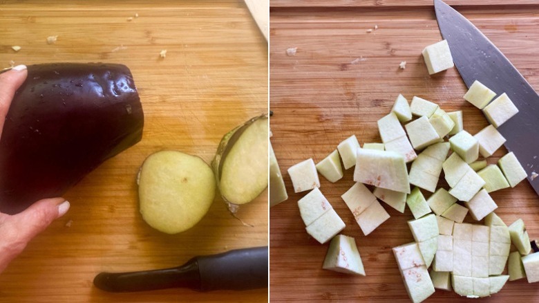 Slicing the eggplant for caponata