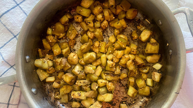 the eggplant cooking for the authentic Sicilian Caponata 