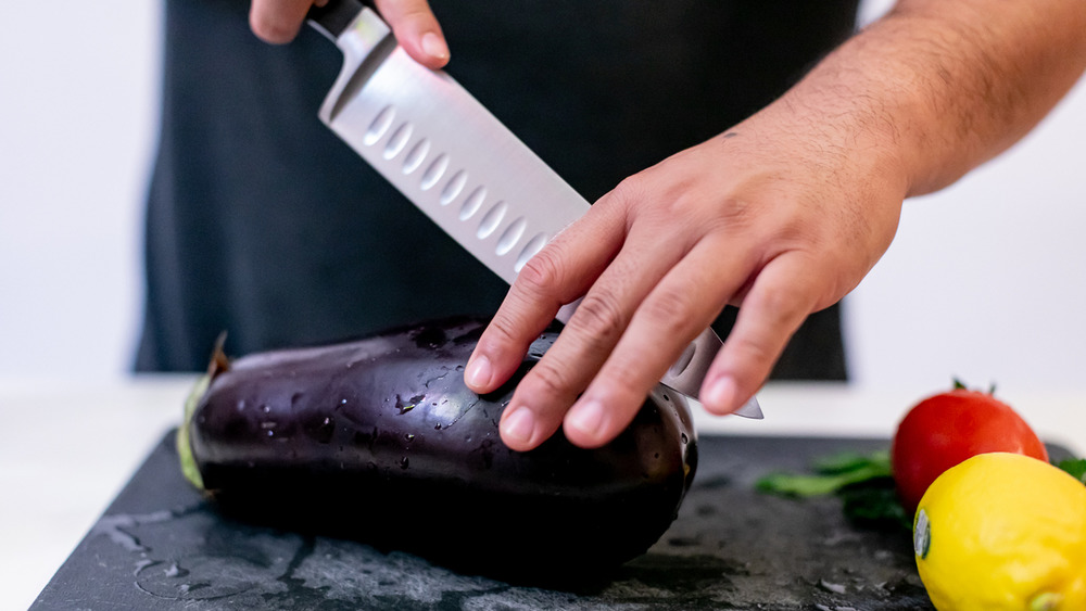 prepping eggplant for baba ganoush