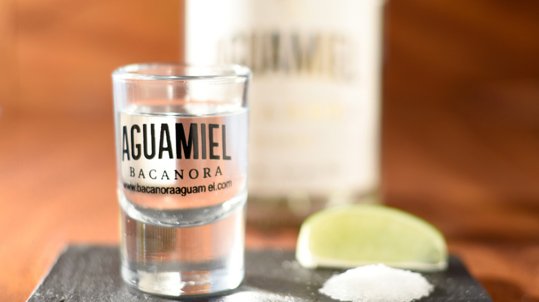 Bottle and shot glass of Aguamiel bacanora