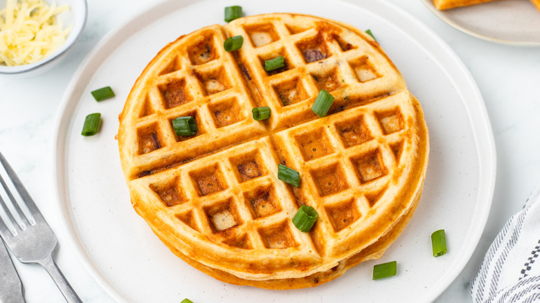 Bacon cheddar waffles on plate