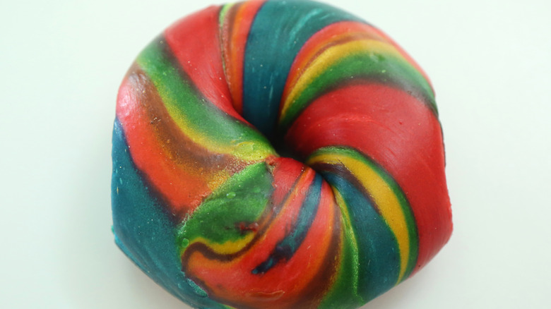 Rainbow bagel on display