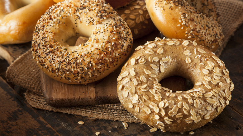 Whole grain bagels on display