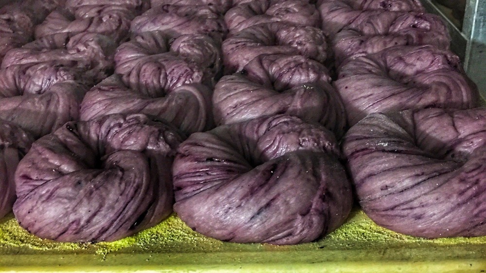 Blueberry bagels on tray