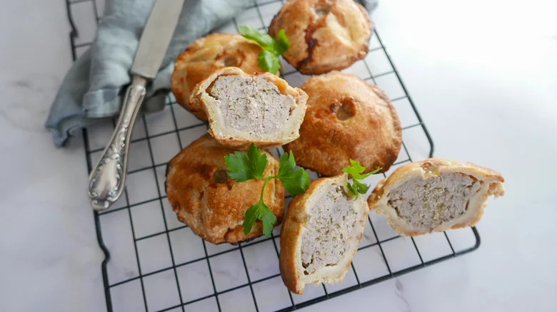 Pork pies on wire tray