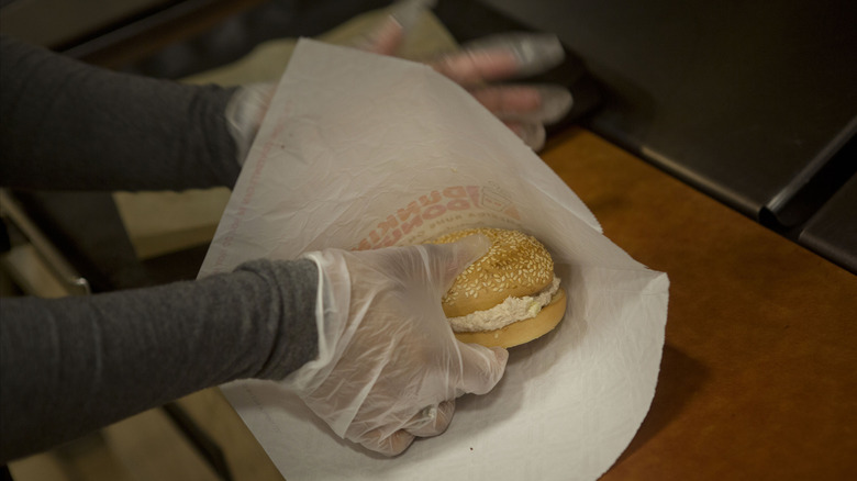 Sesame bagel in Dunkin' wrapper