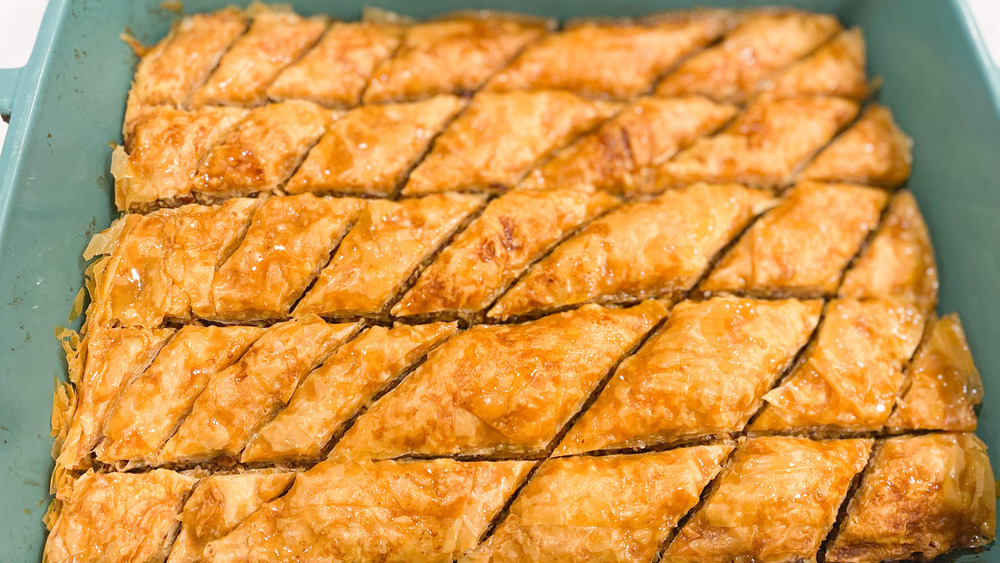 Cooked baklava in pan