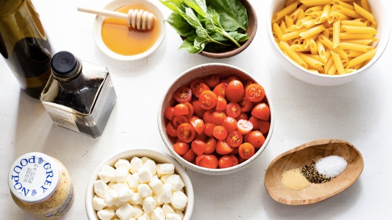 ingredients for balsamic caprese pasta salad