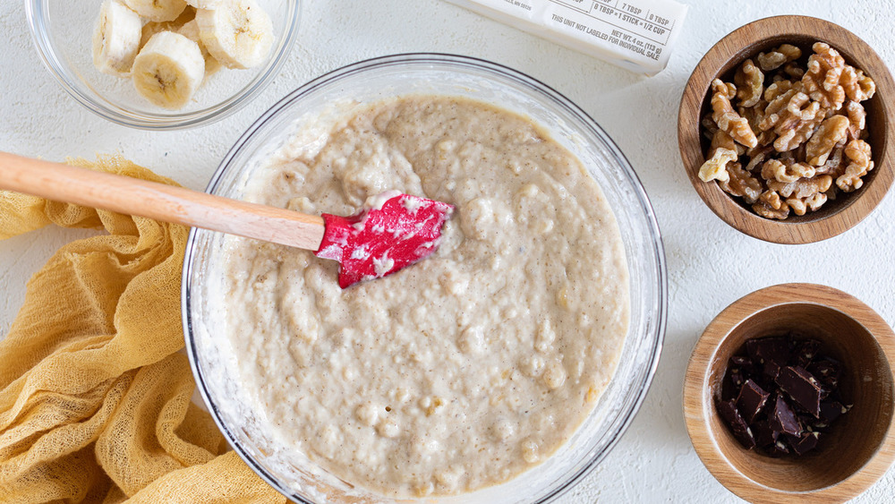 mixing banana pancake batter