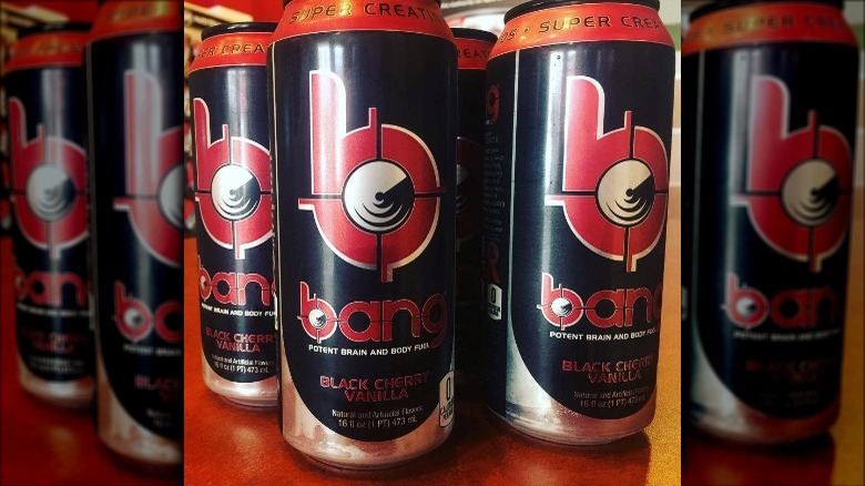 Cans of Bang Energy Drink Black Cherry Vanilla on counter