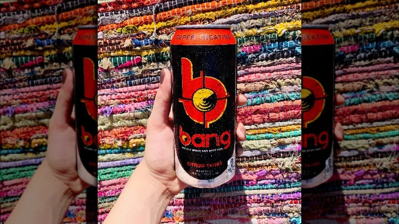 Can of Bang Energy Citrus Twist in front of colorful rugs