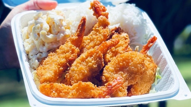 L&L Hawaiian's fried shrimp, rice, and macaroni salad