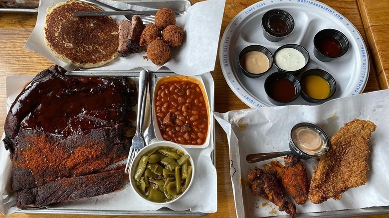 A sampling of Martin's Bar-B-Que's ribs, sides, and more