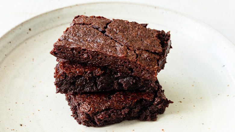 close-up of brownies stacked