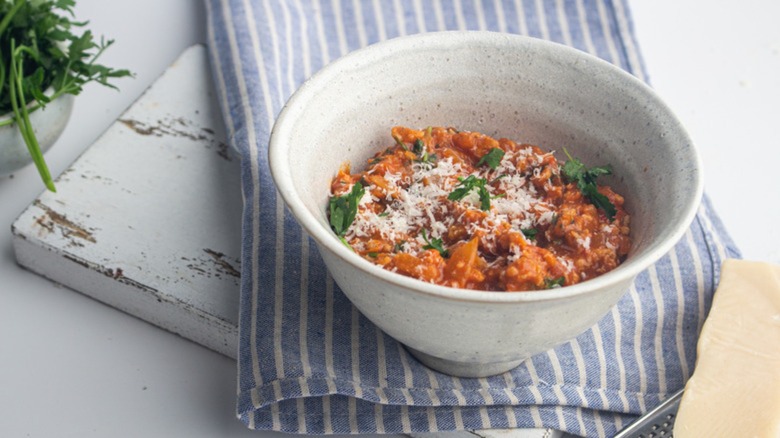 sausage ragu in gray bowl