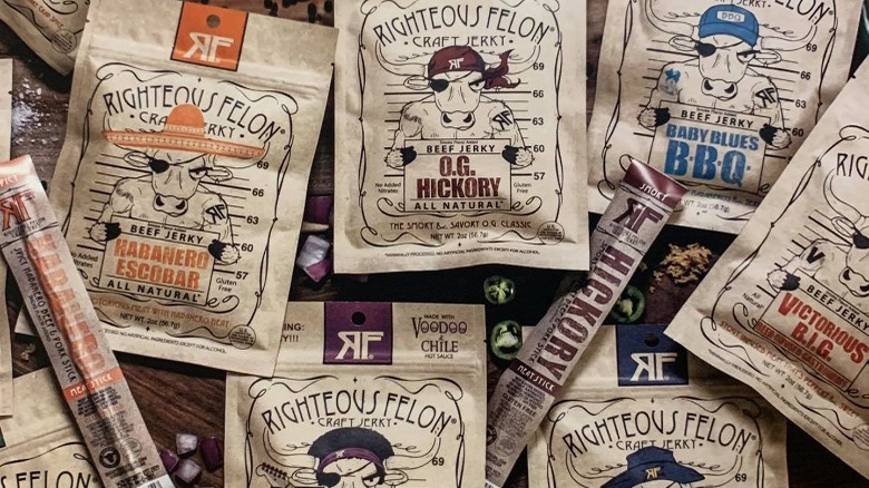 Packages of different flavors of Righteous Felon jerky