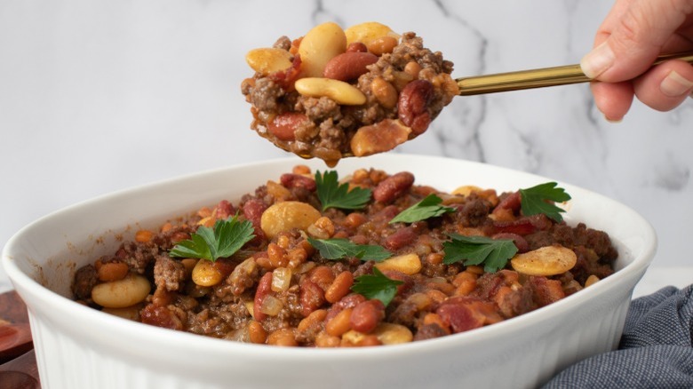 bean casserole with spoon