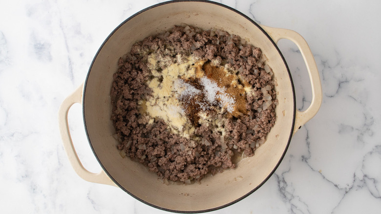 ground beef in white pot