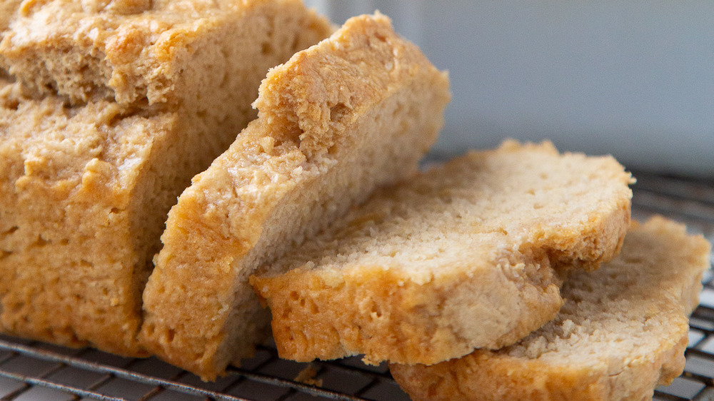 sliced beer bread out of the oven