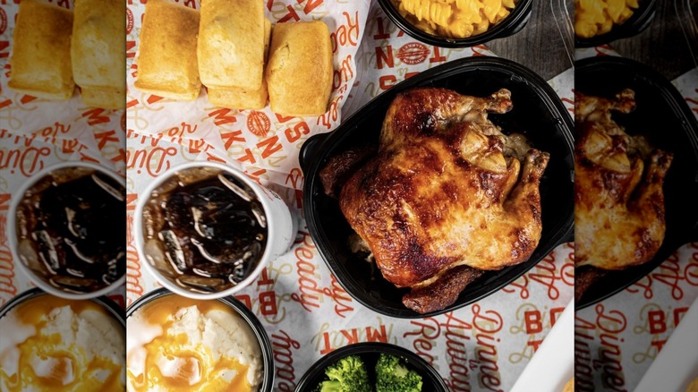 Overhead view of food spread from Boston Market