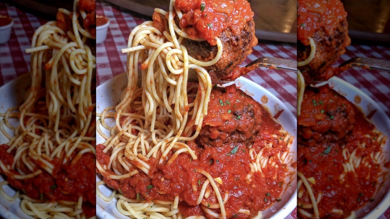 Close-up of Buca di Beppo spaghetti and meatballs