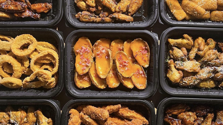 Overhead view of takeout fried appetizers at TGI Fridays