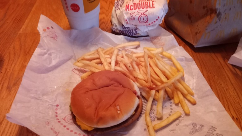 McDouble with fries on table