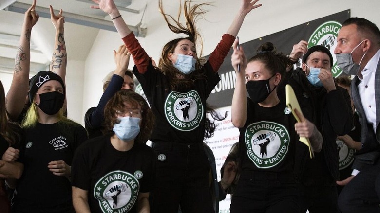 Starbucks workers celebrating union victory