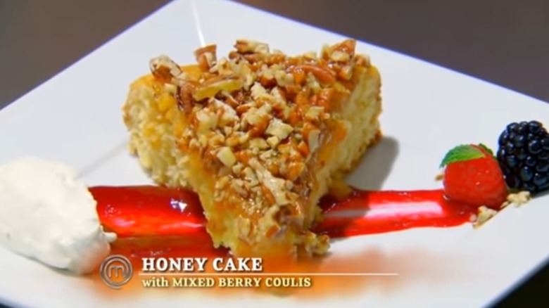 Courtney's honey cake with mixed berry coulis