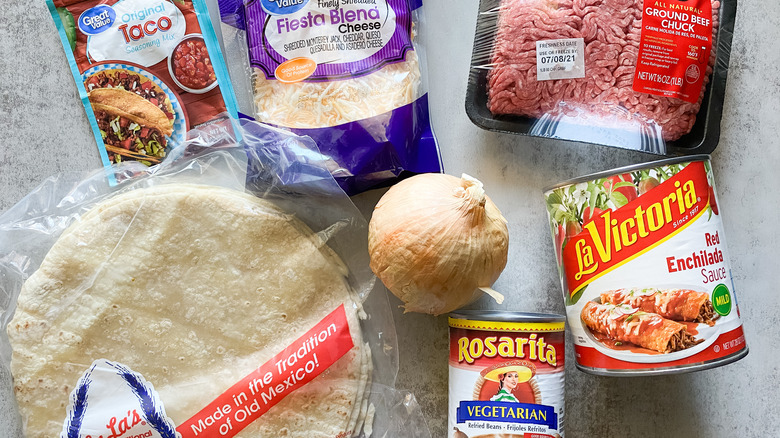 ingredients for beef and refried bean enchiladas