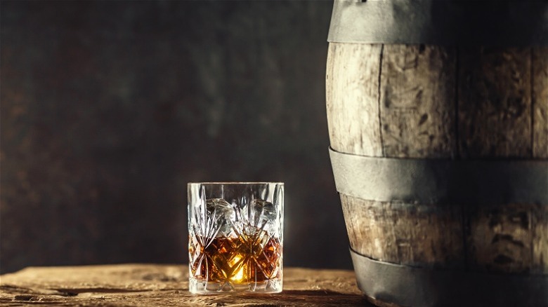 Bourbon glass and barrel