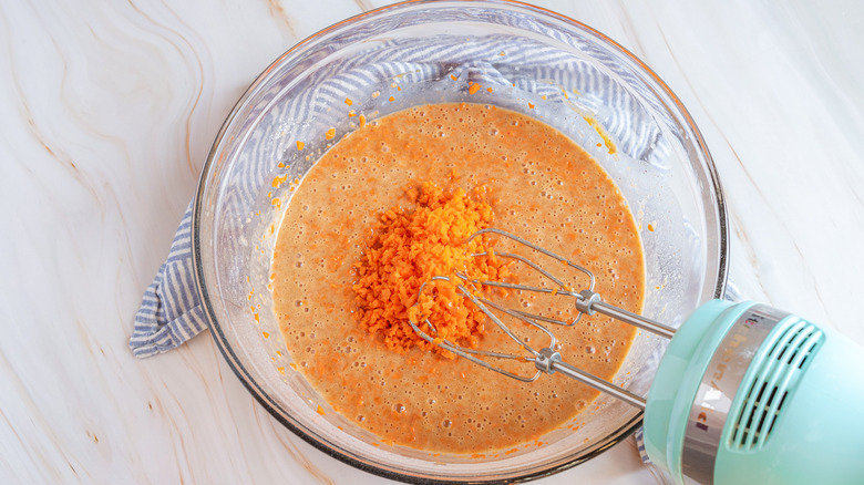 mixing cake batter in bowl