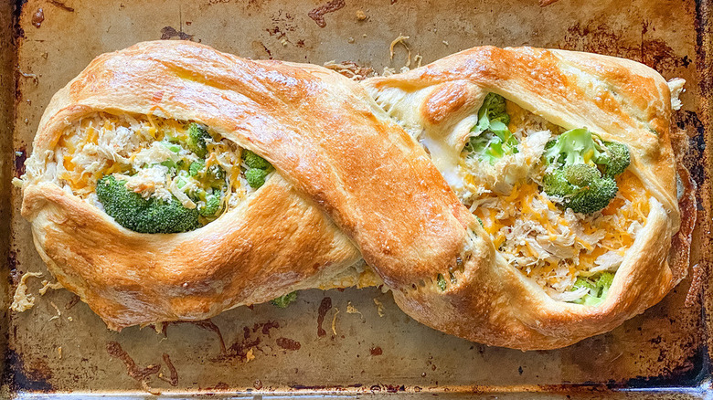 chicken broccoli braid on pan