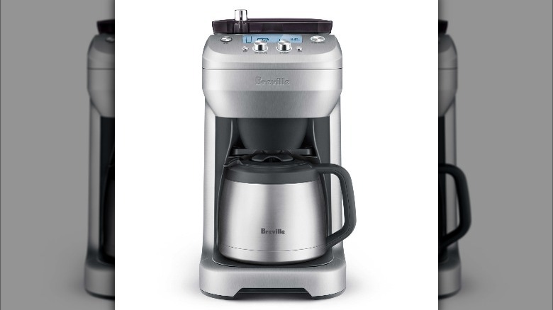 silver Breville coffee maker on a white background