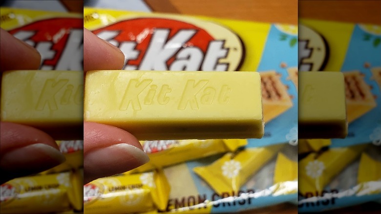 holding Kit Kat Easter Lemon Crisp candy