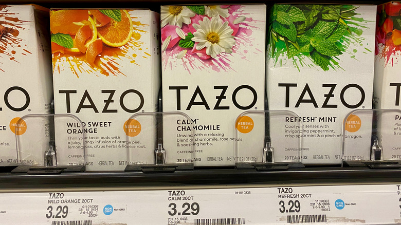 Tazo tea boxes on shelf