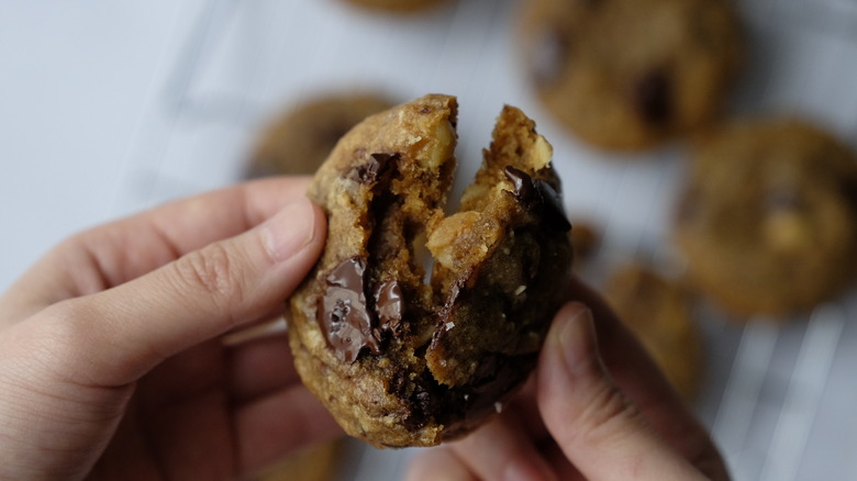 breaking chocolate chip cookie