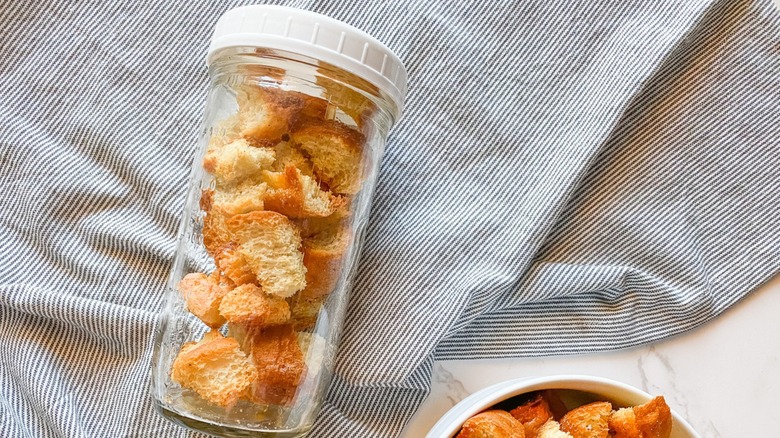 Croutons in glass jar