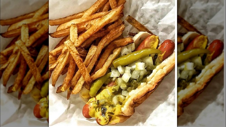 Topped hot dog and fries