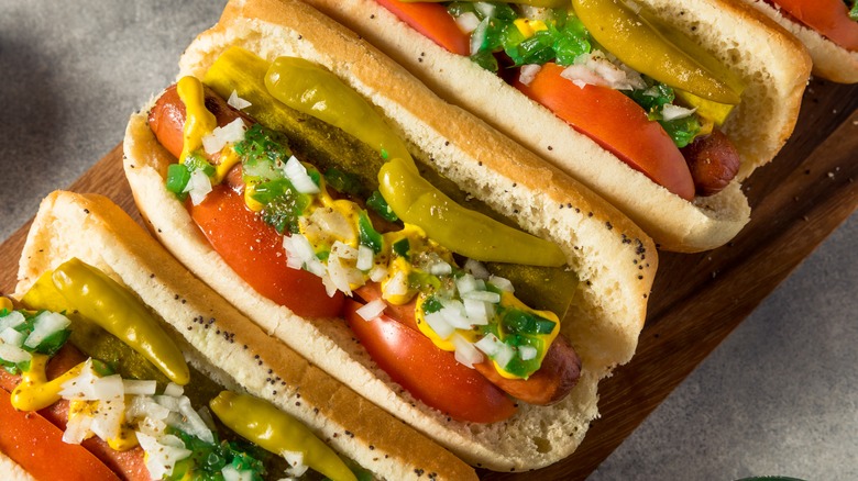 Chicago hot dogs on buns