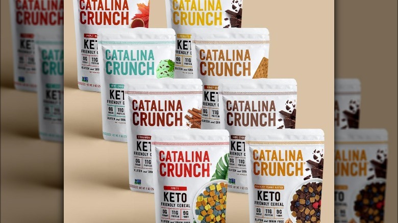 eight staggered bags of assorted Catalina Crunch cereal