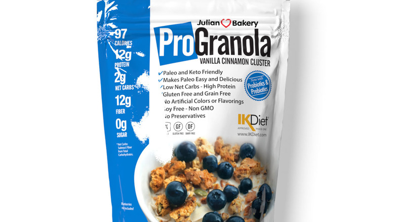 White and blue bag with a bowl of granola