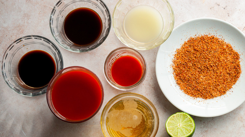 michelada ingredients on counter