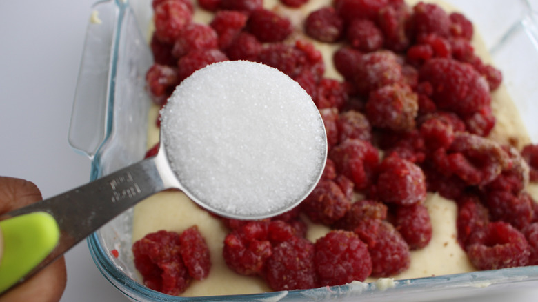 raspberry cobbler in baking dish 