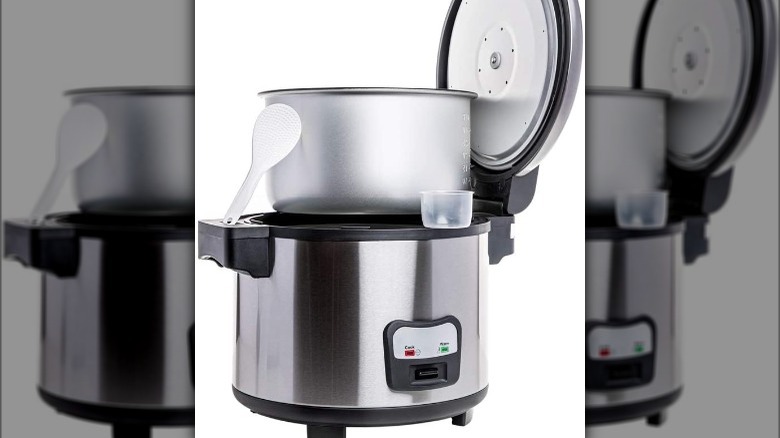 A white Sybo rice cooker on a white background