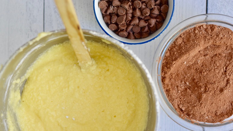 cake batter in mixing bowl