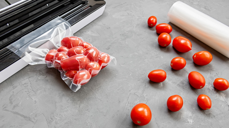 Vacuum sealer with sealed fresh tomatoes