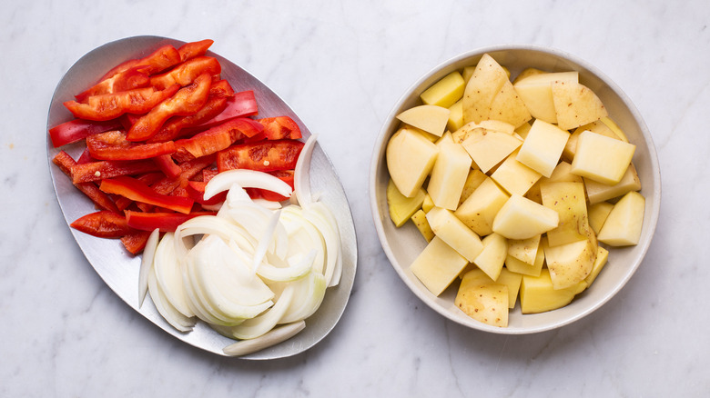 chopped peppers, onions, potatoes