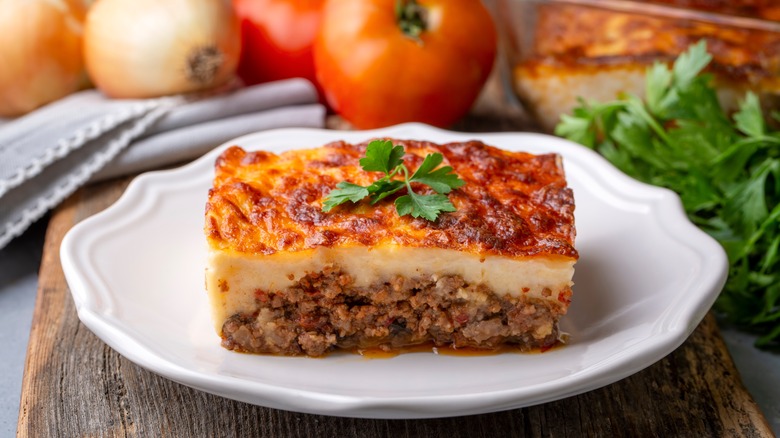 slice of moussaka on plate